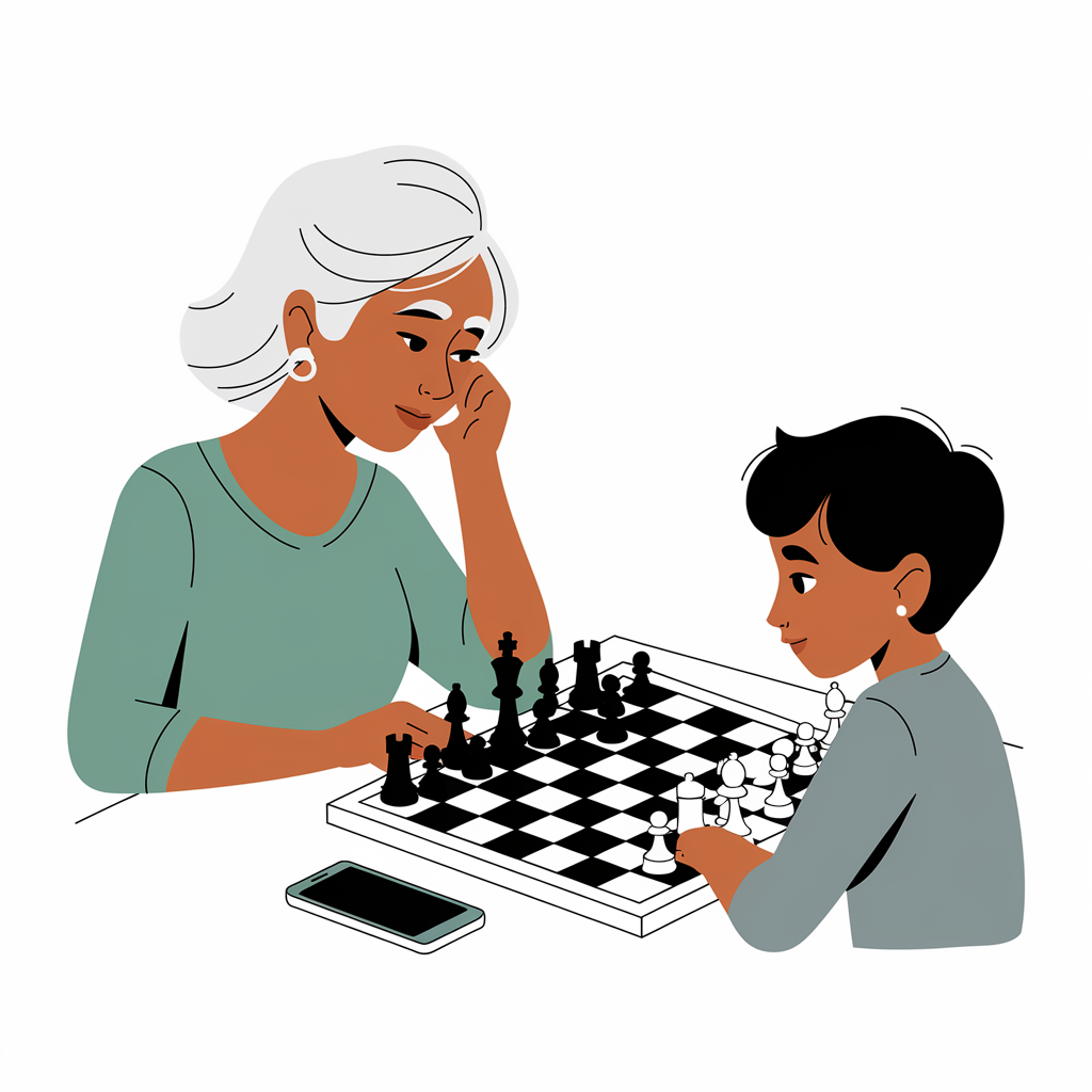 grand mère joue aux échecs avec son petit fils